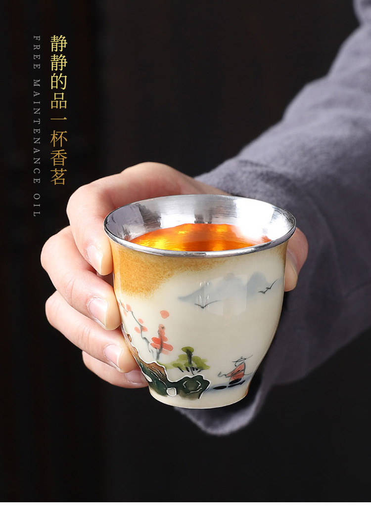 Jingdezhen hand - made teacup firewood master cup single CPU getting silvering cup 999 sterling silver tank cup sample tea cup