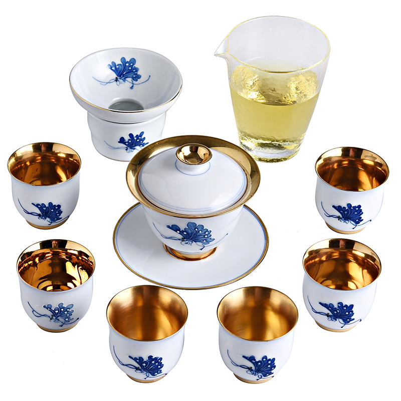 Creative hand - made ceramic gold kung fu tea set home office tureen tea cups of a complete set of gift boxes