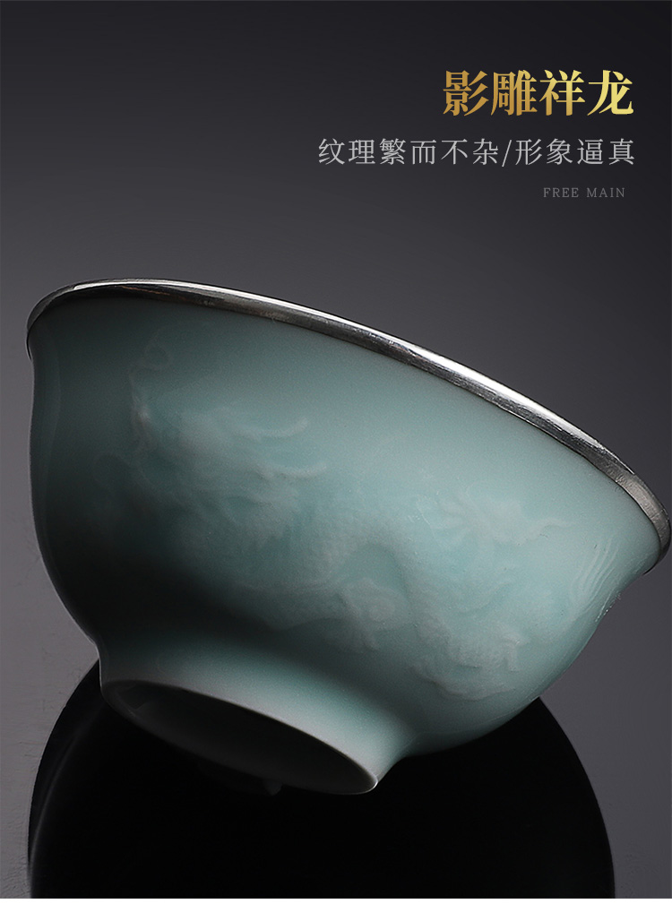 Longquan celadon dishes to eat bowl, 999 sterling silver practical silver bowl chopsticks three - piece suit full moon baby gifts