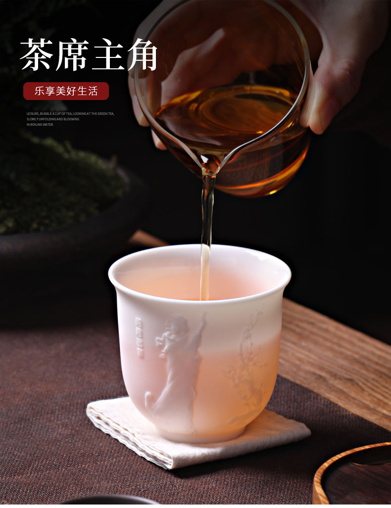 Anaglyph dehua white porcelain kung fu tea cups personal special tea master cup single CPU suet jade heart sutra cup cup