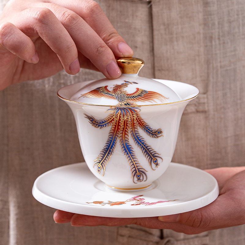 Dehua suet jade white porcelain cup high - grade kung fu tea set suit visitor home office tea tureen gift box