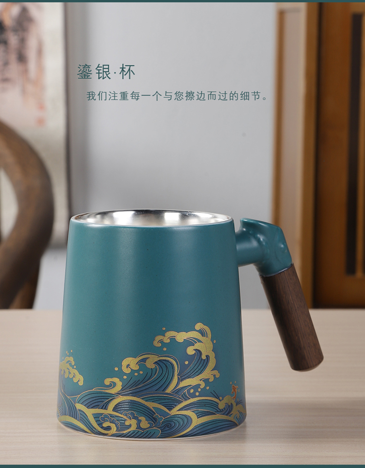 Ceramic keller with cover handle silver cup 999 sterling silver cup portable office make tea cup tea separation