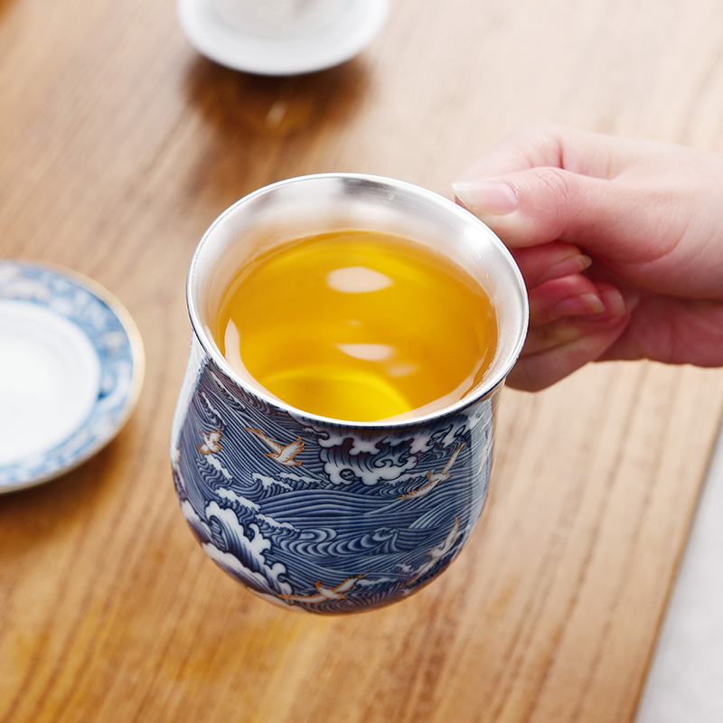 Jingdezhen separation colored enamel glass tea cup silver cup 999 sterling silver bladder office with cover ceramic cups