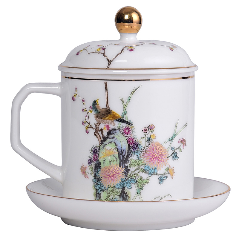 Chinese wind white porcelain office tea cups with cover glass ceramic cup silver cup 999 sterling silver personal cup and meeting