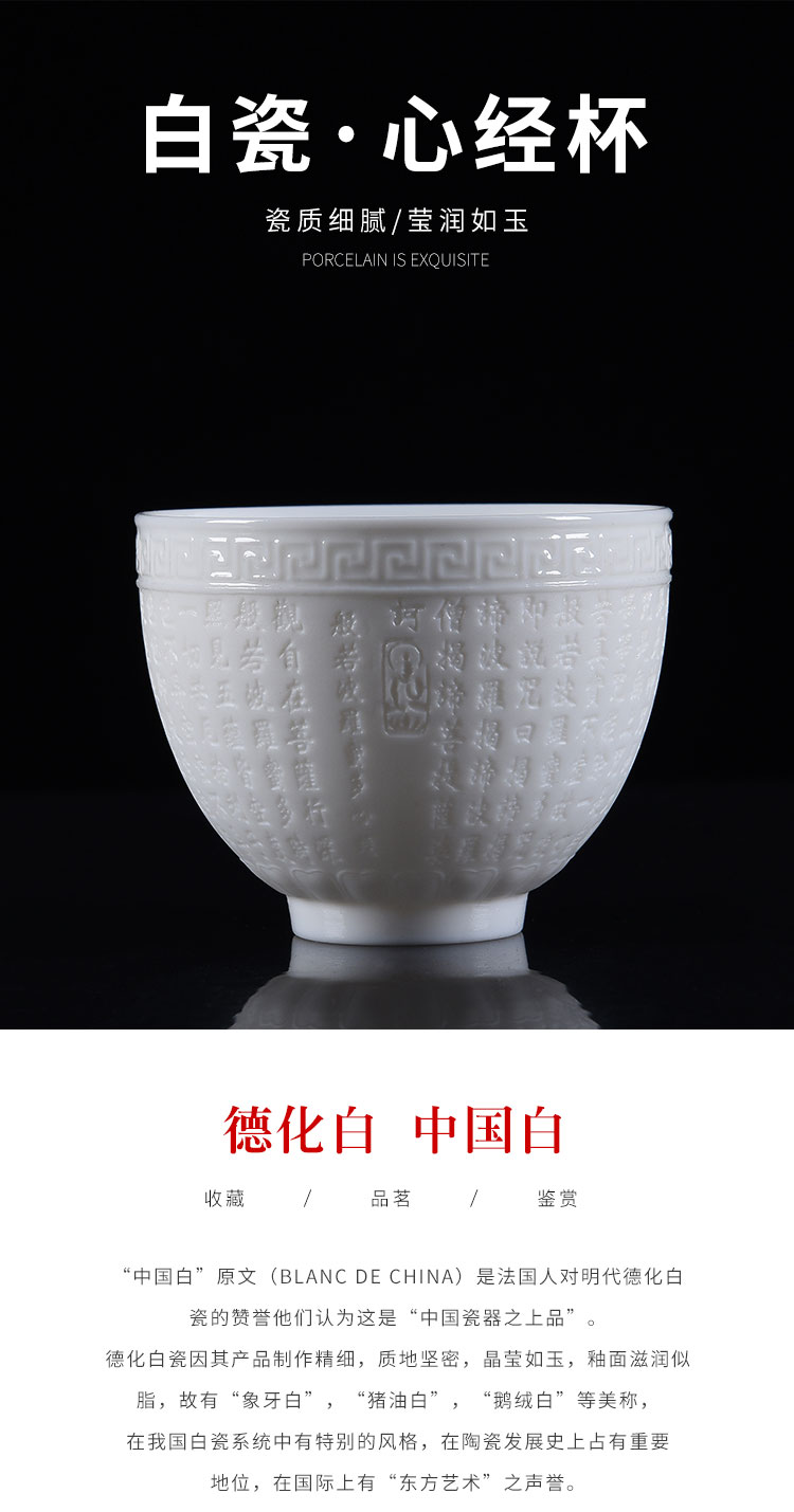 Dehua white porcelain teacup kung fu jade porcelain sample tea cup ceramic suet jade heart sutra master cup meditation cup large cup