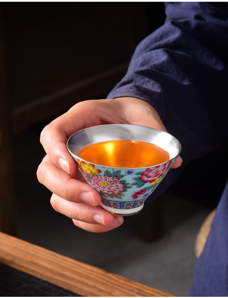 Jingdezhen colored enamel kung fu small single ceramic cups hat cup silver cup 999 sterling silver tea master CPU