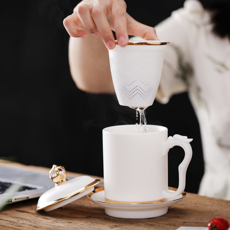 Creative dehua white porcelain office cup cup pure manual paint ceramic cups with cover with the filter glass cup and meeting