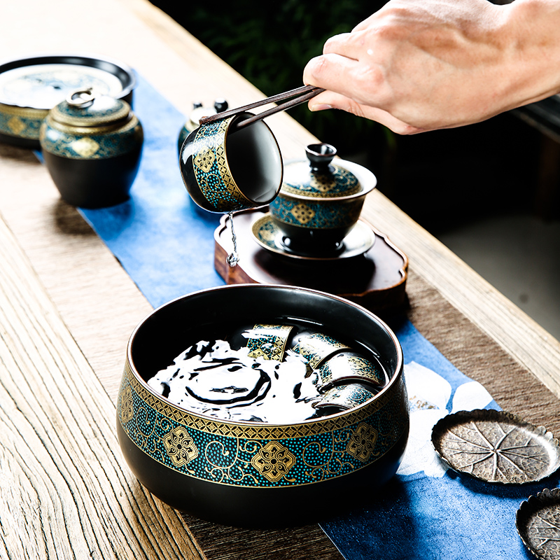 Bo yiu-chee gold kung fu tea set of household ceramic tea lid bowl of tea cups to wash the whole red glaze