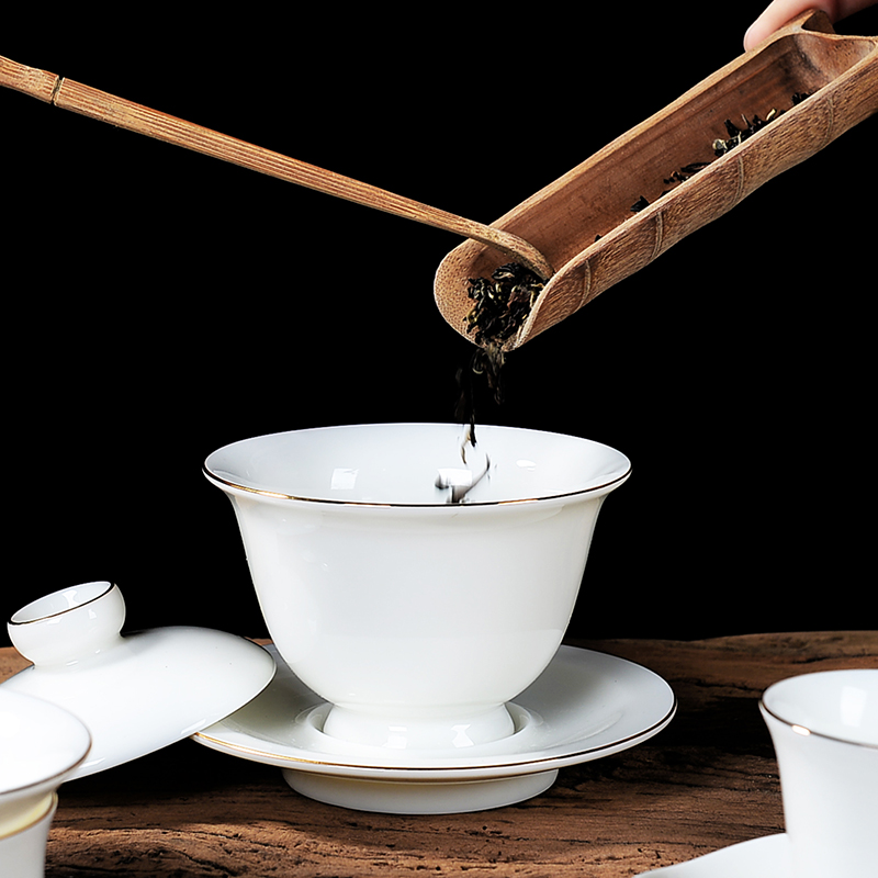 Bo yiu-chee white porcelain kung fu tea set suit small household 6 cups only contracted tureen box of a complete set of tea cups