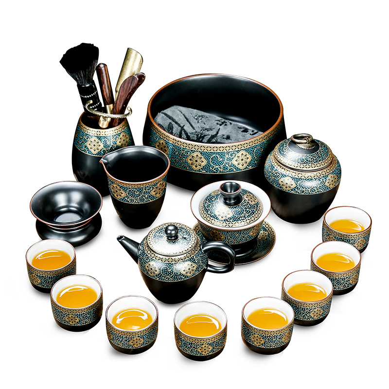 Bo yiu-chee gold kung fu tea set of household ceramic tea lid bowl of tea cups to wash the whole red glaze