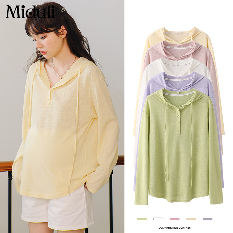 Maternity Base Layer Shirt, Spring and Autumn Thin Long-Sleeved T-Shirt, Spring and Summer Butt-Covering Hooded Base Layer, Maternity Wear, Spring Top Maternity Base Layer Shirt, Spring and Autumn Thin Long-Sleeved T-Shirt, Spring and Summer Butt-Covering Hooded Base Layer, Maternity Wear, Spring Top