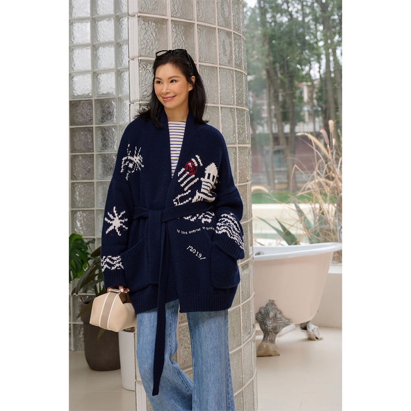Amandax "Great Navigator" Series 100% Cashmere Heavy Jacquard Hand-Embroidered Knitted Cardigan Jacket