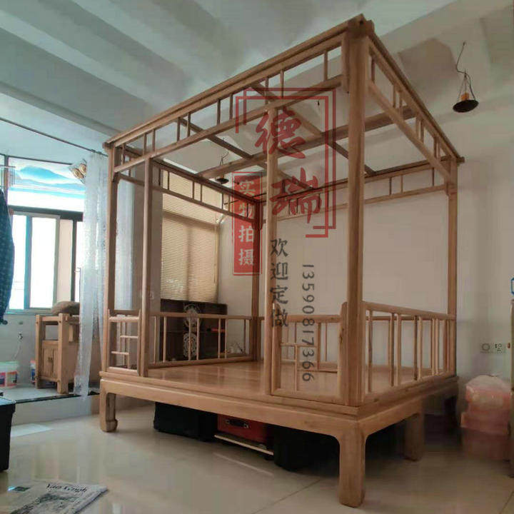 Elm Wood Shelf Bed New Chinese Log Pillar Bed Double Man Bed Wedding Bed Plus-size Bed Solid Wood Zen Bed Bedroom Furniture