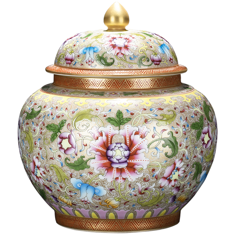 Jingdezhen ceramics yellow to hand - made colored enamel painting of flowers and tea pot domestic high - end storage tank sealing as cans