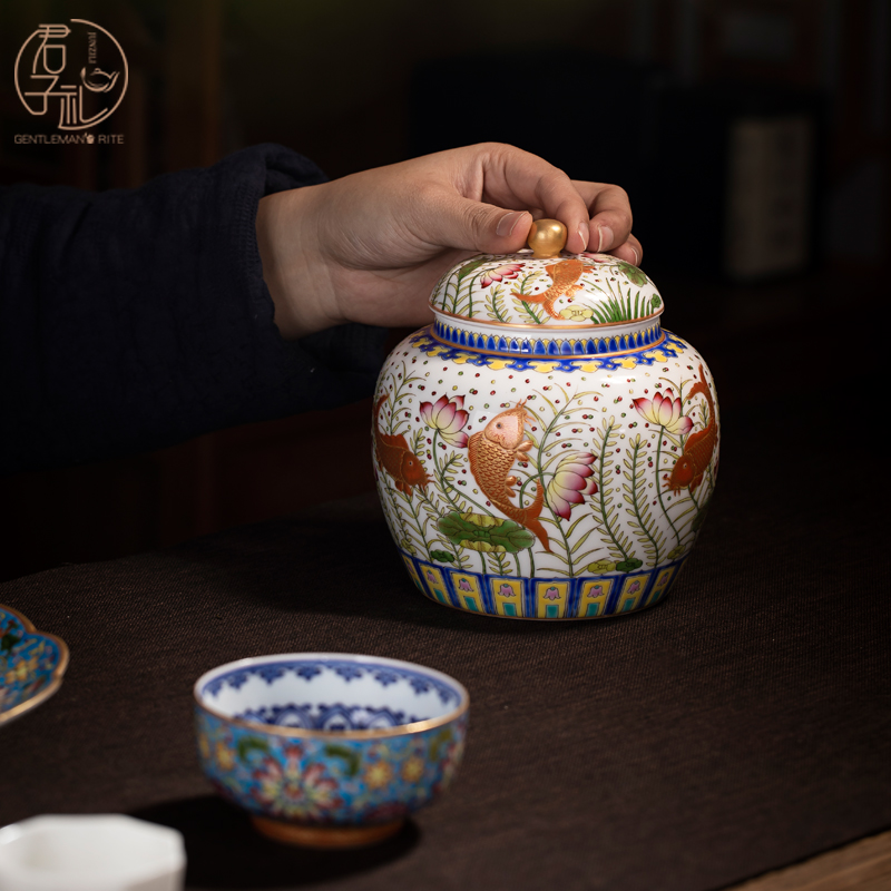 Jingdezhen ceramics archaize Ming jiajing paint colorful fish and algae grain tea pot sitting room adornment collection furnishing articles