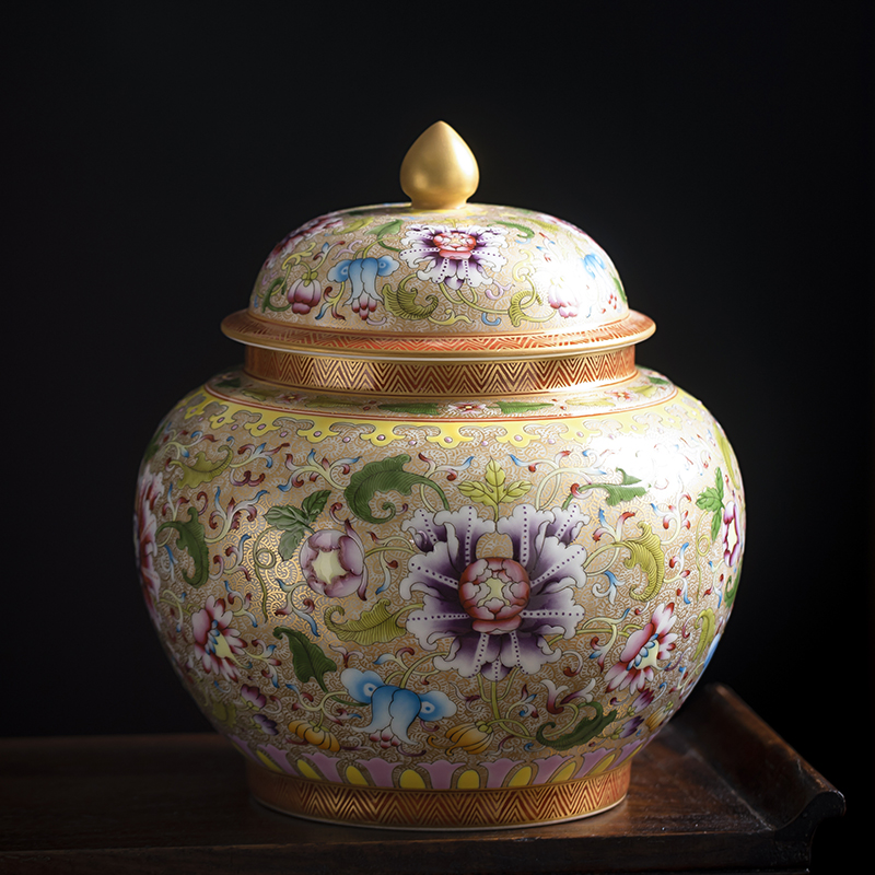 Jingdezhen ceramics yellow to hand - made colored enamel painting of flowers and tea pot domestic high - end storage tank sealing as cans