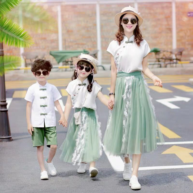 Hanclo family three - member family four - member Chinese wind mother and child suit in 2021 summer retro - style style