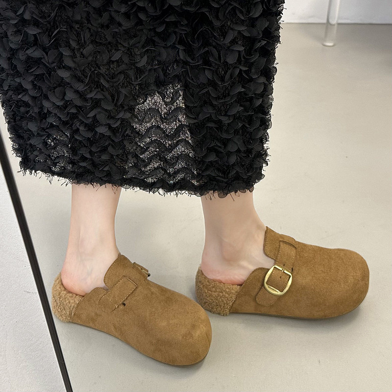 Thick-Soled, Fleece-Lined Birkenstock-Style Slip-On Mules for Women, Suitable for Outdoor Wear, New Autumn/Winter 2025 Cotton Slippers