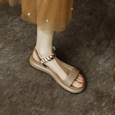 Босоножки 凉鞋女2024夏季外穿仙女今年新款一字带沙滩厚底踩屎感平底罗马鞋