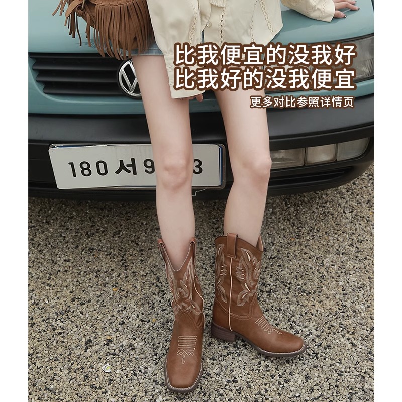 <!--何穗同款西部牛仔靴女靴子复古骑士靴夏季薄款民族风长筒靴马丁靴-->