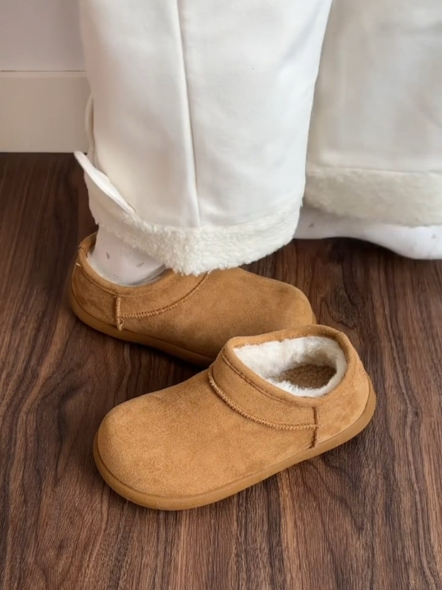 Camel-Colored Thick-Soled Snow Boots for Women, Small Potato Style, Fleece-Lined, Warm, Furry Birkenstock-Style Shoes, Winter Slip-On Cotton Short Boots