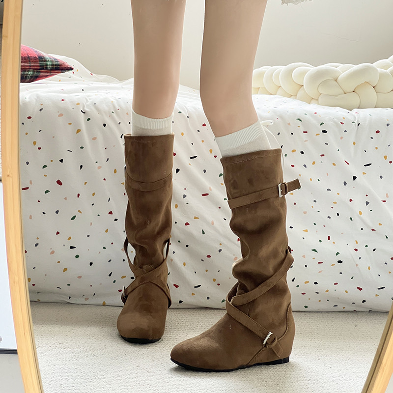 Women's Height-Increasing Long Boots 2025 New Autumn Vintage Versatile Stacked Boots with Belt Buckle Slimming High-Top Riding Boots