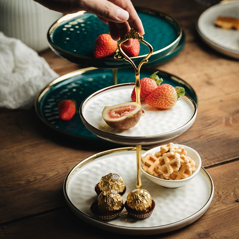 Nordic ceramic three-layer fruit plate blue living room creative multi-layer cake stand home candy dried fruit snack tray