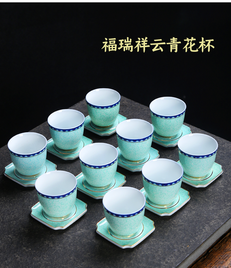 Large sample tea cup kung fu tea set of blue and white porcelain ceramic tea cup mat individual cup single CPU master cup accessories