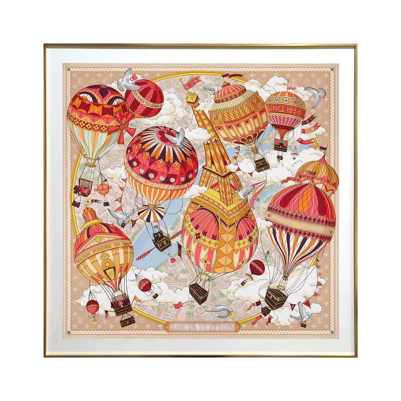 French Hermès Silk Scarf Hanging Painting, Hot Air Balloon Decorative Painting for Dining Room, High-End and Elegant Bedroom Light Luxury Wall Art