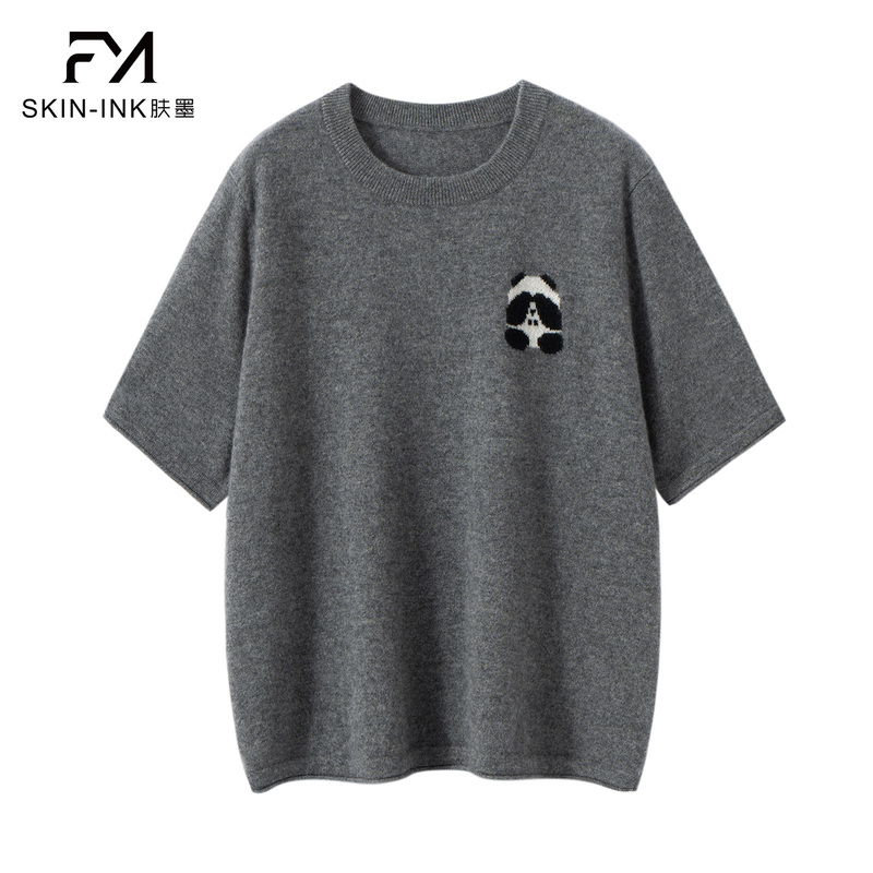Cute and Adorable Panda Jacquard Consinee 100% Cashmere Short-Sleeve Women's Crew Neck T-Shirt Sweater Base Layer for Autumn and Winter Cute and Adorable Panda Jacquard Consinee 100% Cashmere Short-Sleeve Women's Crew Neck T-Shirt Sweater Base Layer for Autumn and Winter