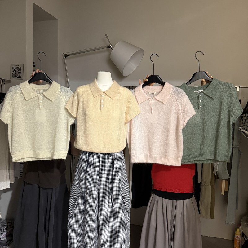 Korean-Style Mohair Polo Collar Short-Sleeve Knit Sweater for Women, Early Autumn 2026, Age-Reducing Versatile Soft Sweater, Slimming Top