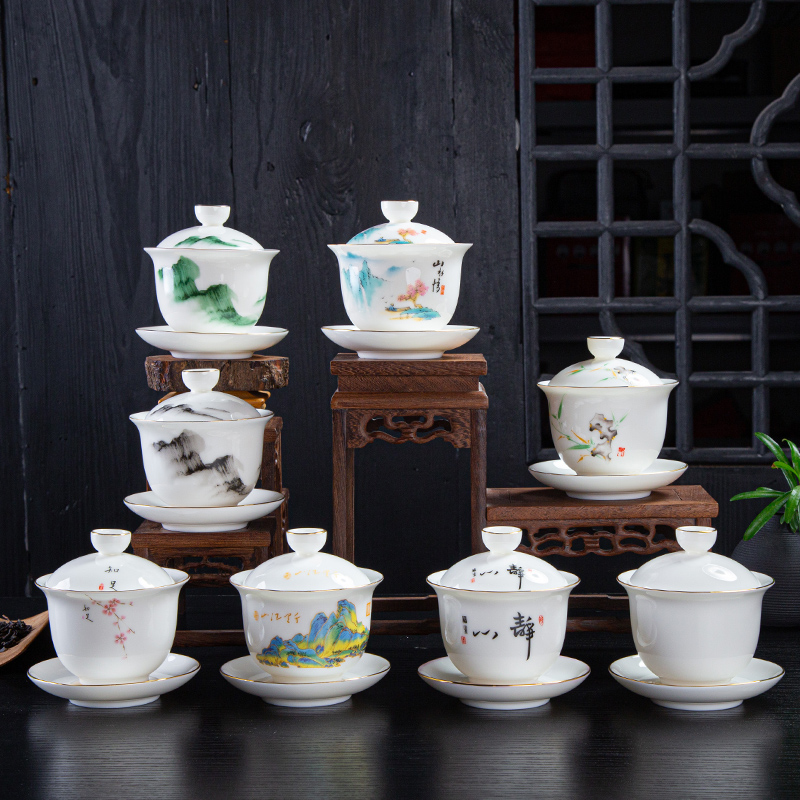 Dehua white porcelain tureen individual household thin foetus three cups with cover only ceramic tea bowl suet jade suit