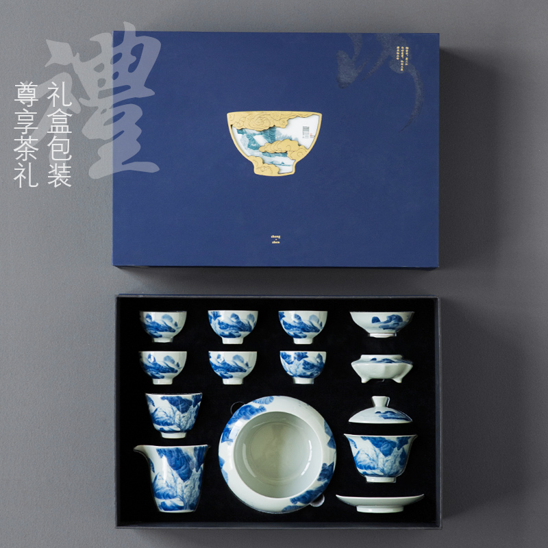 Jingdezhen hand - made porcelain kangxi landscape tureen tea set suits for Chinese zen household kung fu tea set gift boxes