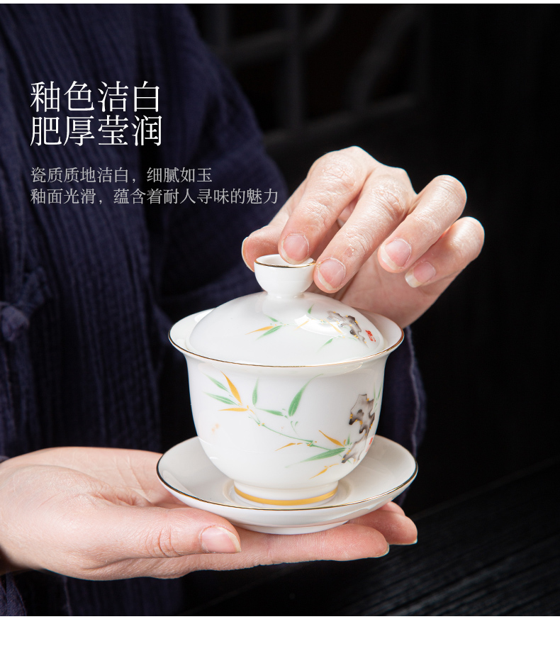 Dehua white porcelain tureen individual household thin foetus three cups with cover only ceramic tea bowl suet jade suit