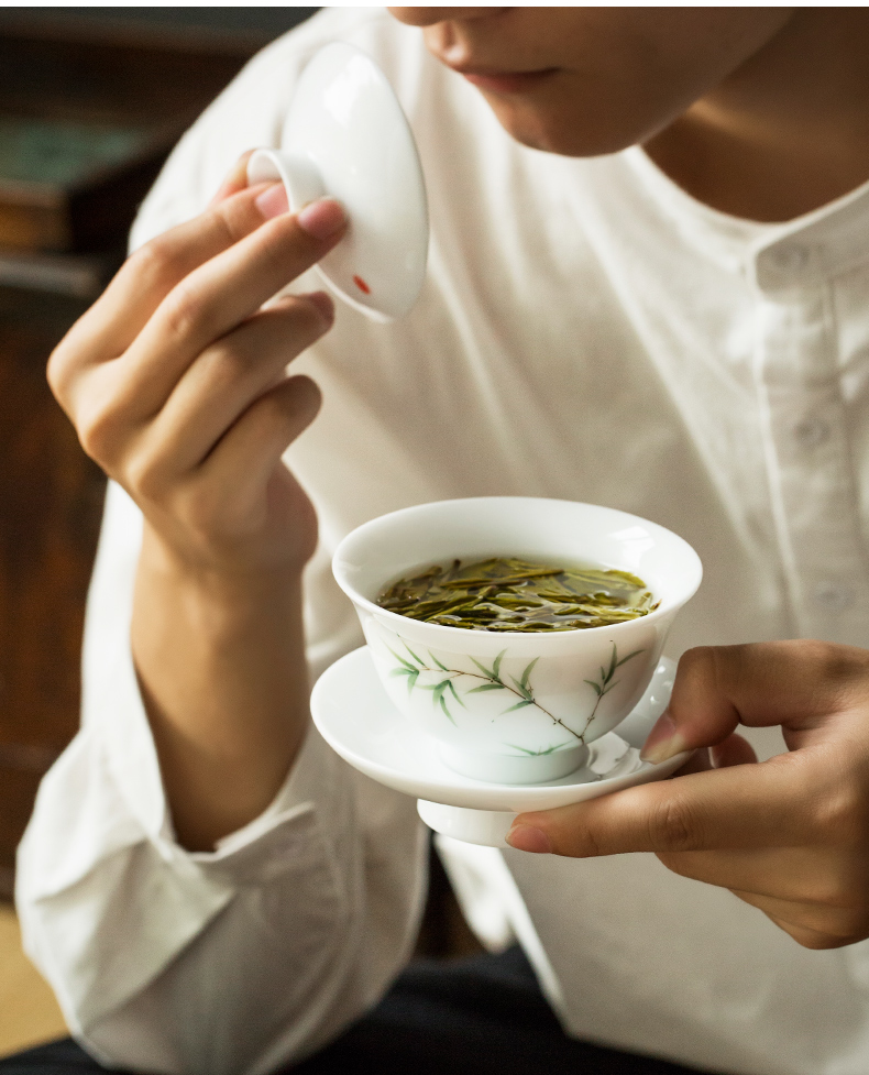 Jingdezhen thin foetus hand - made bamboo tureen tea cup three only a single small bowl of tea bowl of white porcelain kung fu tea set