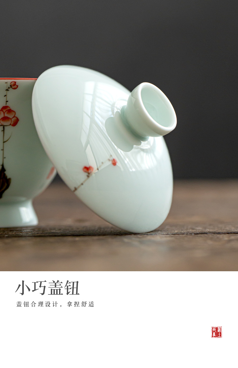 Soil hand - made name plum blossom put tureen jingdezhen three story manual under glaze color porcelain large - sized kung fu tea bowl