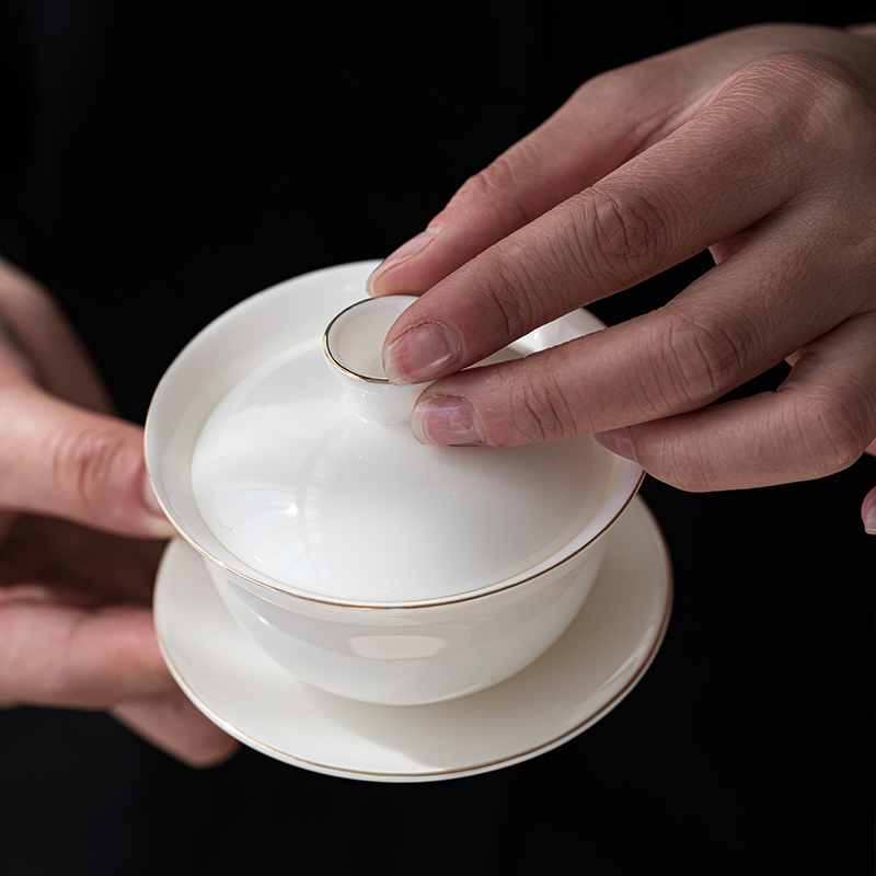 Dehua suet jade white porcelain single tureen ceramic cups manual large household kung fu tea is three to the bowl