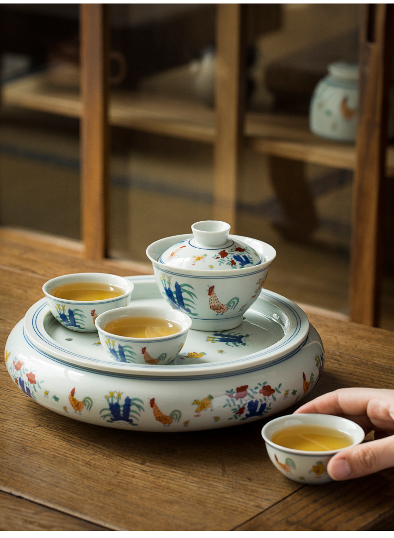 Jingdezhen bucket color chicken cylinder 2 cup tea sets, small ceramic household dry tea tray storage simple restoring ancient ways