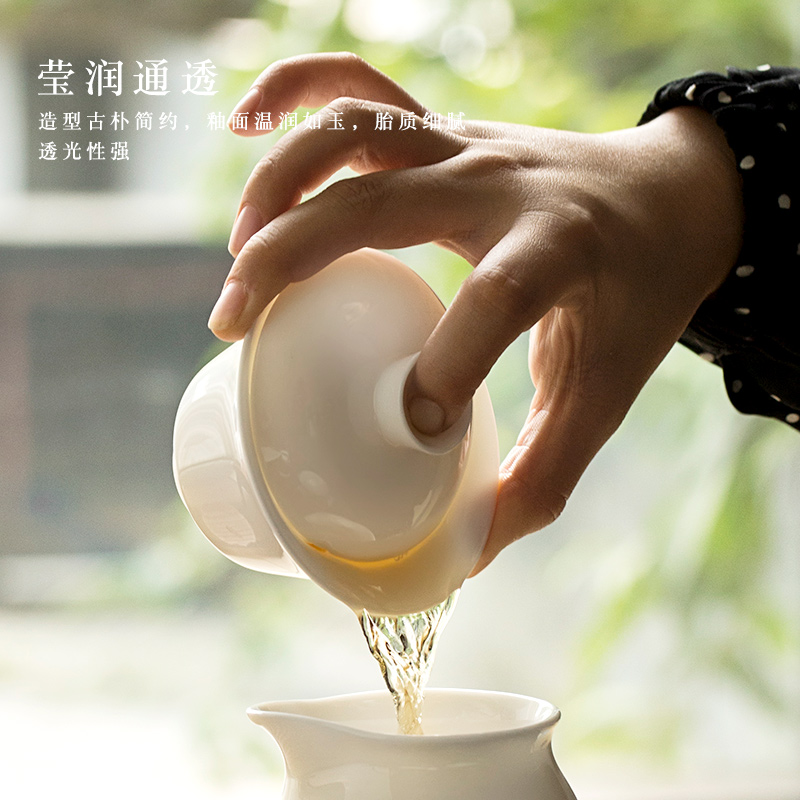 Manual tureen jade porcelain only three bowl of tea large household hot white tea tureen single kung fu tea set