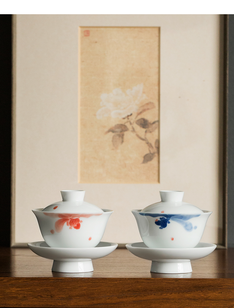 Jingdezhen pure manual hand - made fish play only three tureen tea cups a single thin foetus ceramic bowl kung fu tea set