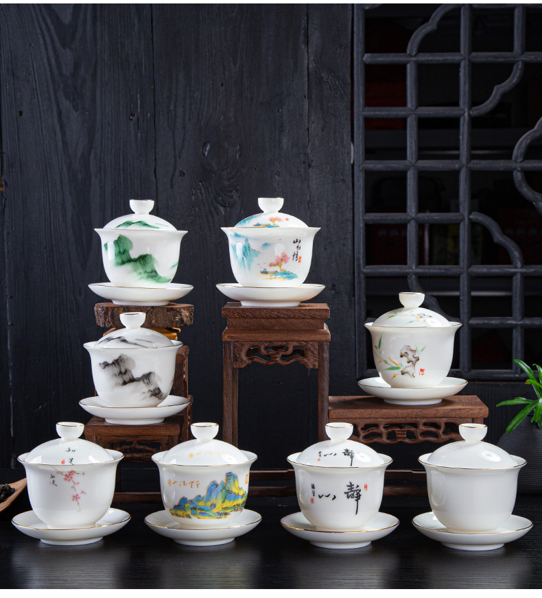 Dehua white porcelain tureen individual household thin foetus three cups with cover only ceramic tea bowl suet jade suit