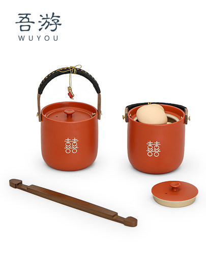 A Pair of Wedding Dowry Items, a Complete Set of Dowry Supplies for the Bride, Ceramic Wedding Decorations, Chinese-Style Red Small Wedding Buckets