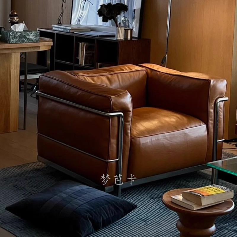 Bauhaus Lc3 Genuine Leather Single Sofa for Home Living Room Leisure Down-Filled Minimalist Double Straight Sofa Chair