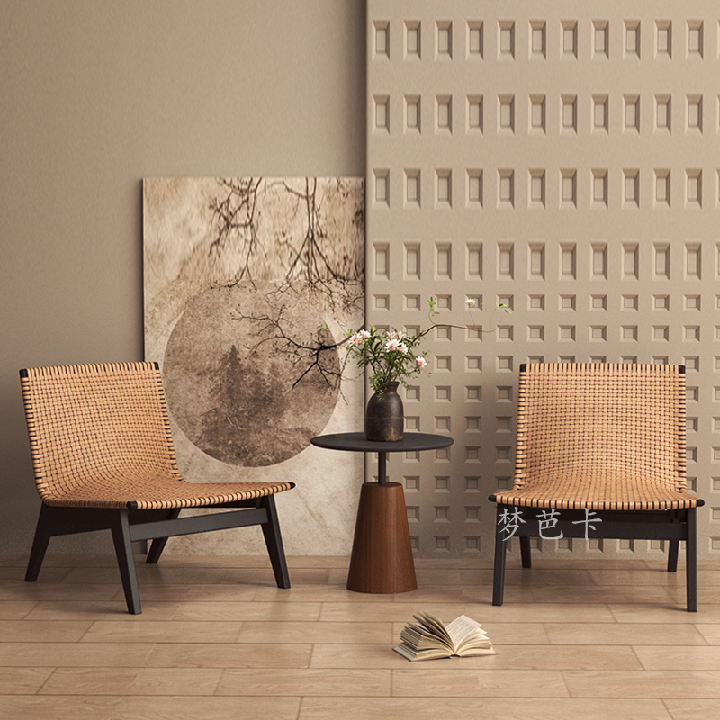 Wabi-Sabi Style Single Leisure Chair, New Chinese Style Hotel and Bed and Breakfast, One Table and Two Chairs, Balcony Solid Wood Lazy Recliner Sofa Chair