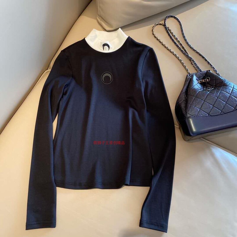 Mari12Ne Se2Rre Half-High Collar Moon Slimming Base Shirt Versatile Long-Sleeve Top for Women Trendy