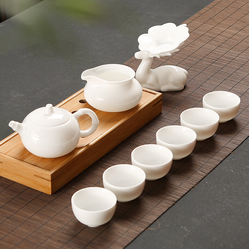 Suet jade porcelain kung fu tea set a complete set of white porcelain tea tea tureen teapot teacup household ceramics