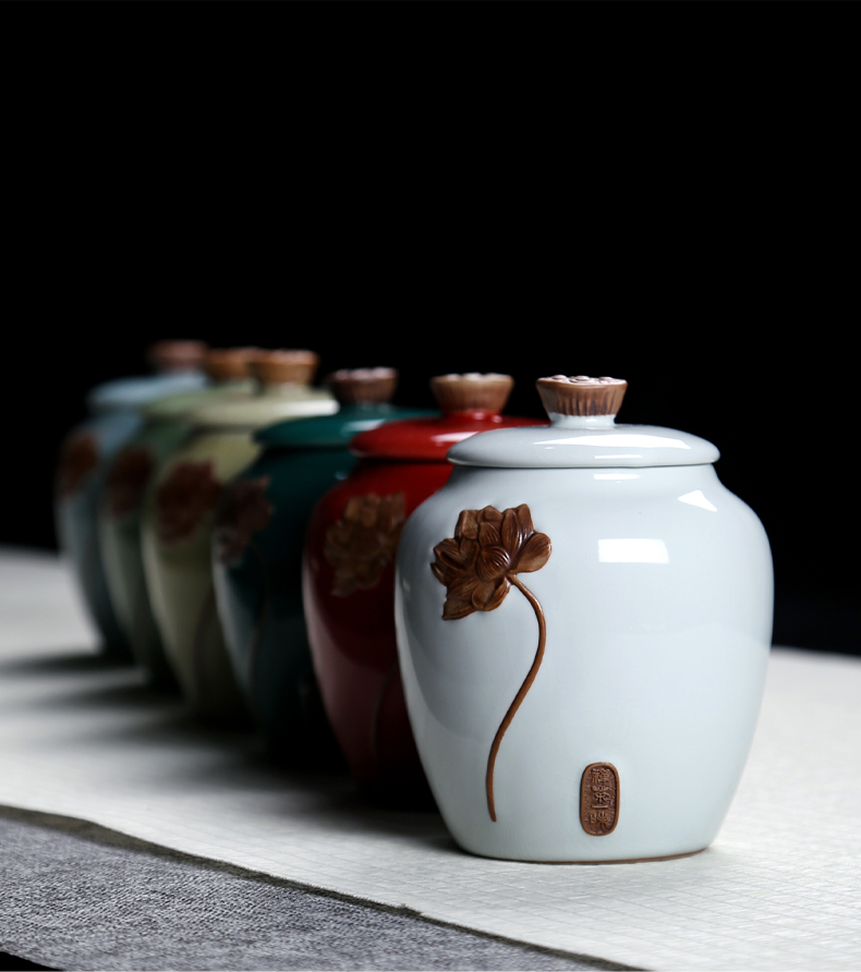 Receives the ceramic tea canister your up storage jar sealed as cans embossed lotus elder brother up with puer tea bag in the mail box