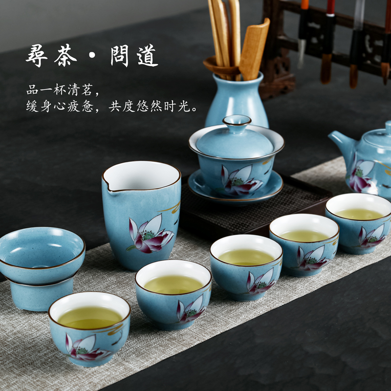 Lotus tea exchanger with the ceramics glaze ceramic kung fu tea set automatically suit household gift boxes of a complete set of tureen tea cups