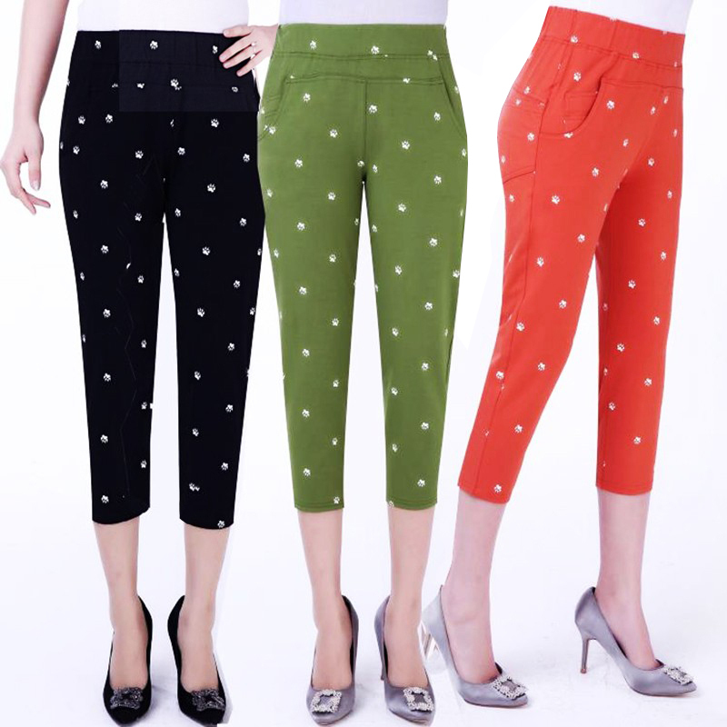 Summer Women's Cropped Pants, Thin Mom Pants, 7/8 Pants, Plus Size Mid-Length Pants, High-Waisted Middle-Aged Slim Pants, Stretchy Cotton Leggings