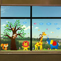 Kindergarten classroom layout decoration wall stickers cartoon animals elephant monkey stickers baby room glass double face stickers